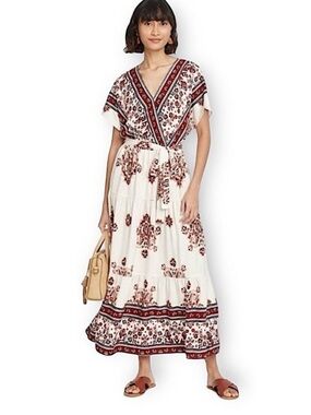 Knox Rose Boho Floral Ivory & Deep Red Maxi Dress Womens Size Small